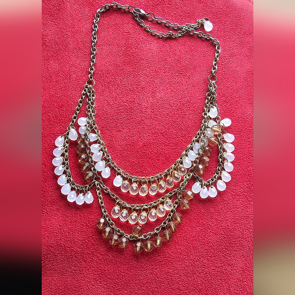 Layered Teardrop Bead Statement Necklace - Gold with White and Champagne Beads